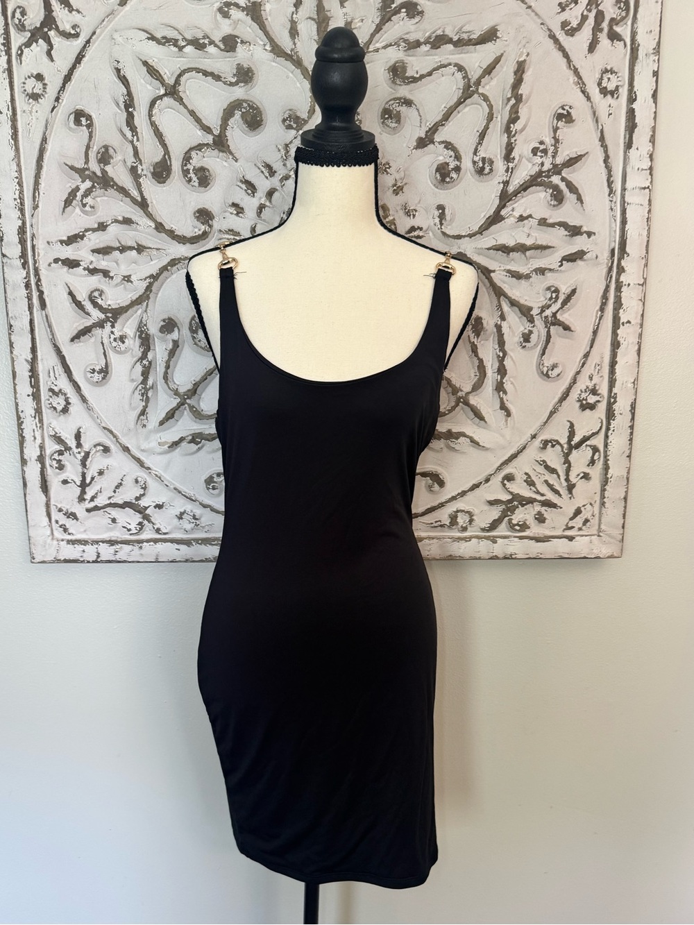 Fashion Nova Black Bodycon Mini Dress Size L Gold Hardware Straps Y2K